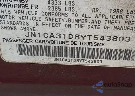 2000 Nissan Maxima Gle/Gxe/Se из США, поврежденный, VIN JN1CA31D8YT543803